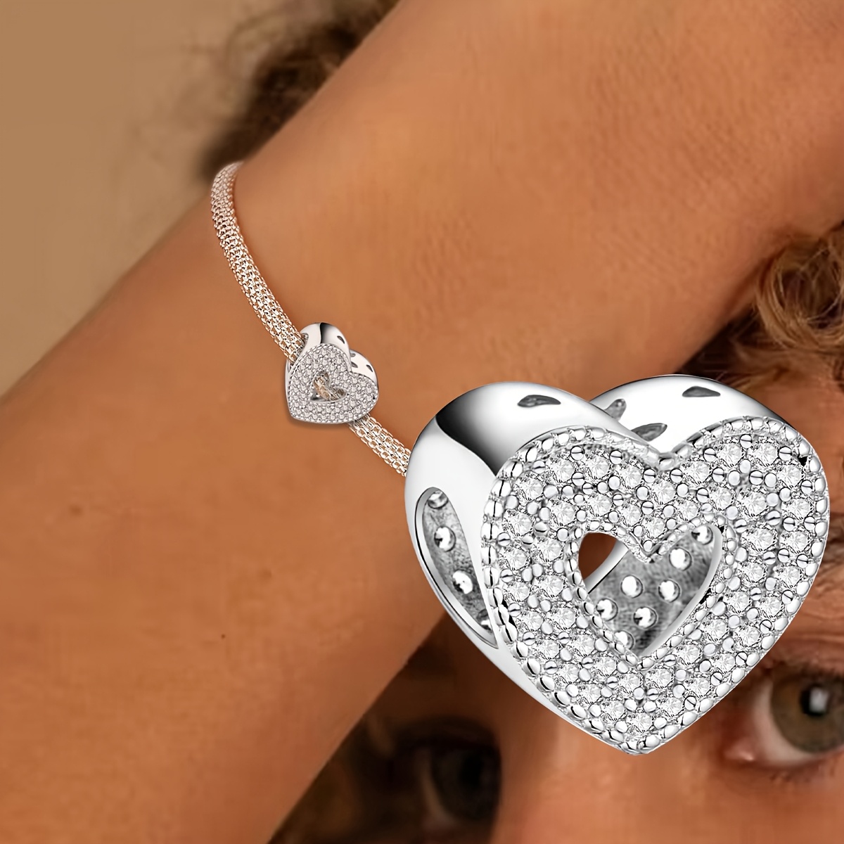 Women's 925 Silver Plated Crown Double Heart Bead for Jewelry Making
